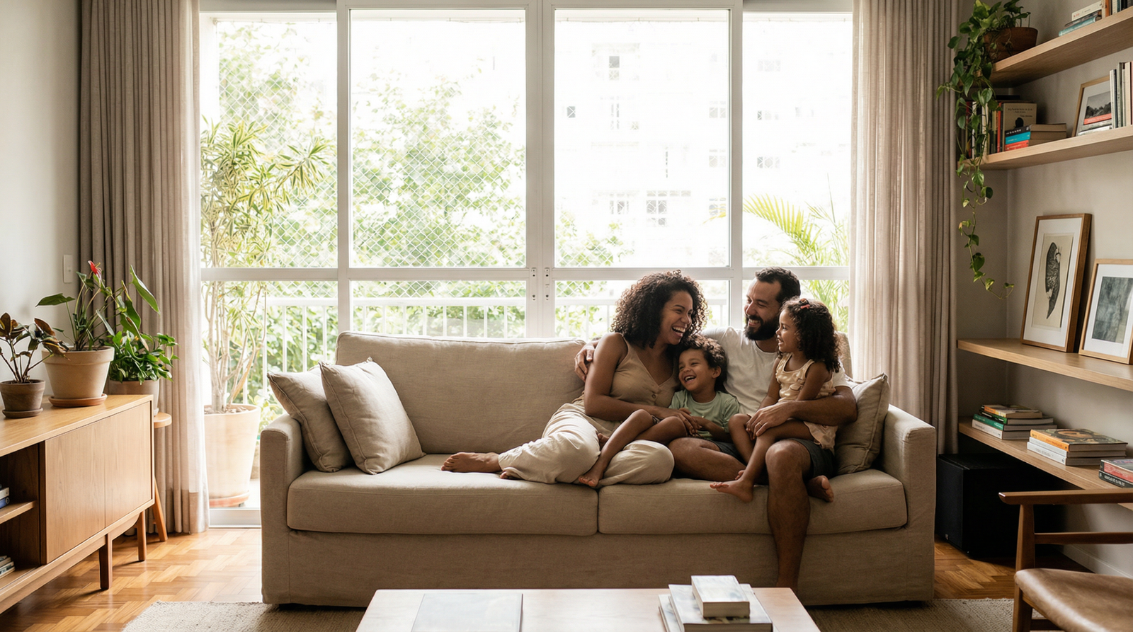 Família brasileira feliz em casa, transmitindo tranquilidade e bem-estar