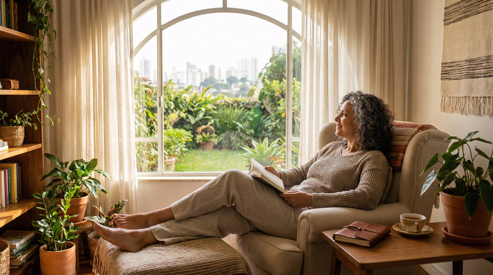 Pessoa relaxada em casa olhando pela janela com serenidade e confiança no futuro financeiro