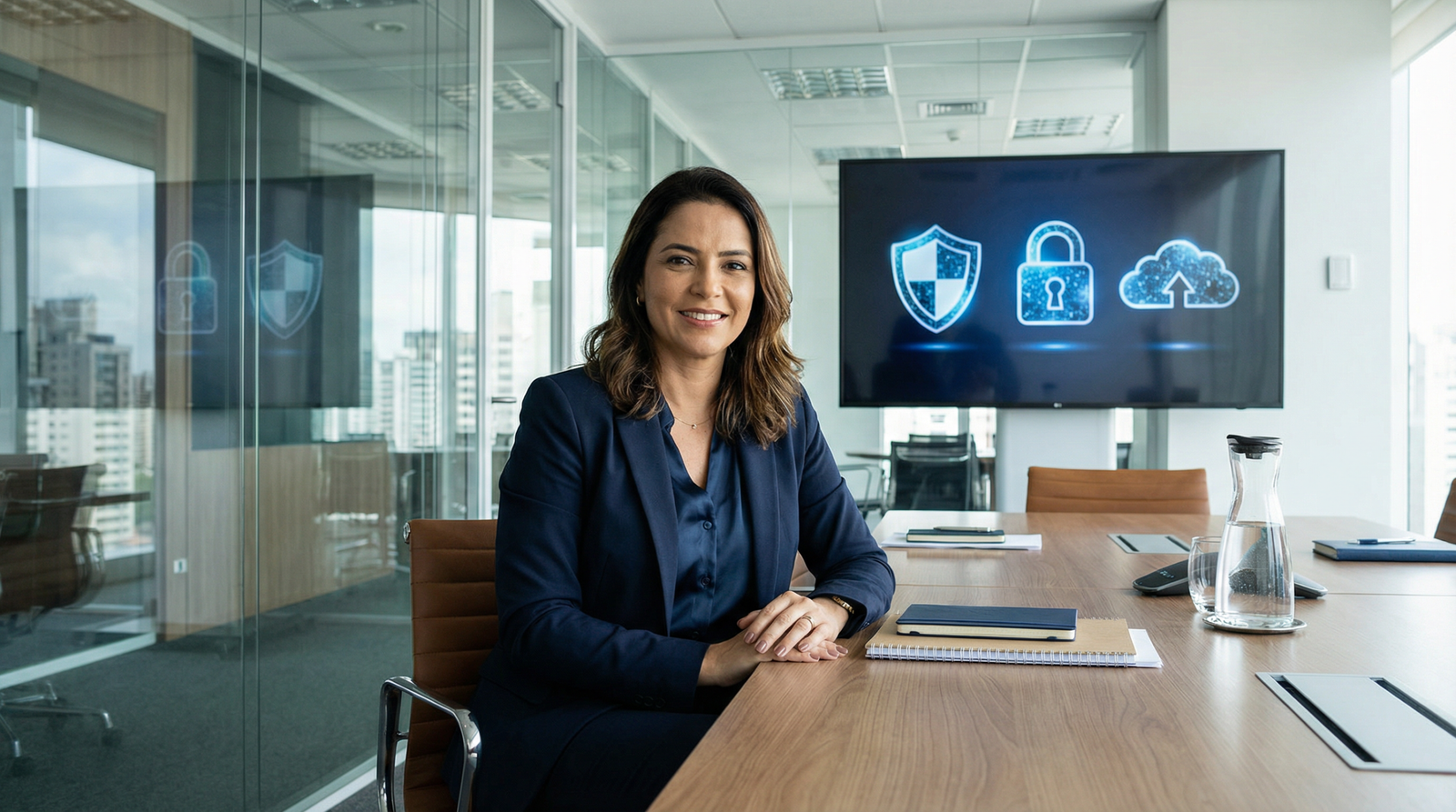 Diretora de PME em sala de reunião moderna com ícones de segurança digital