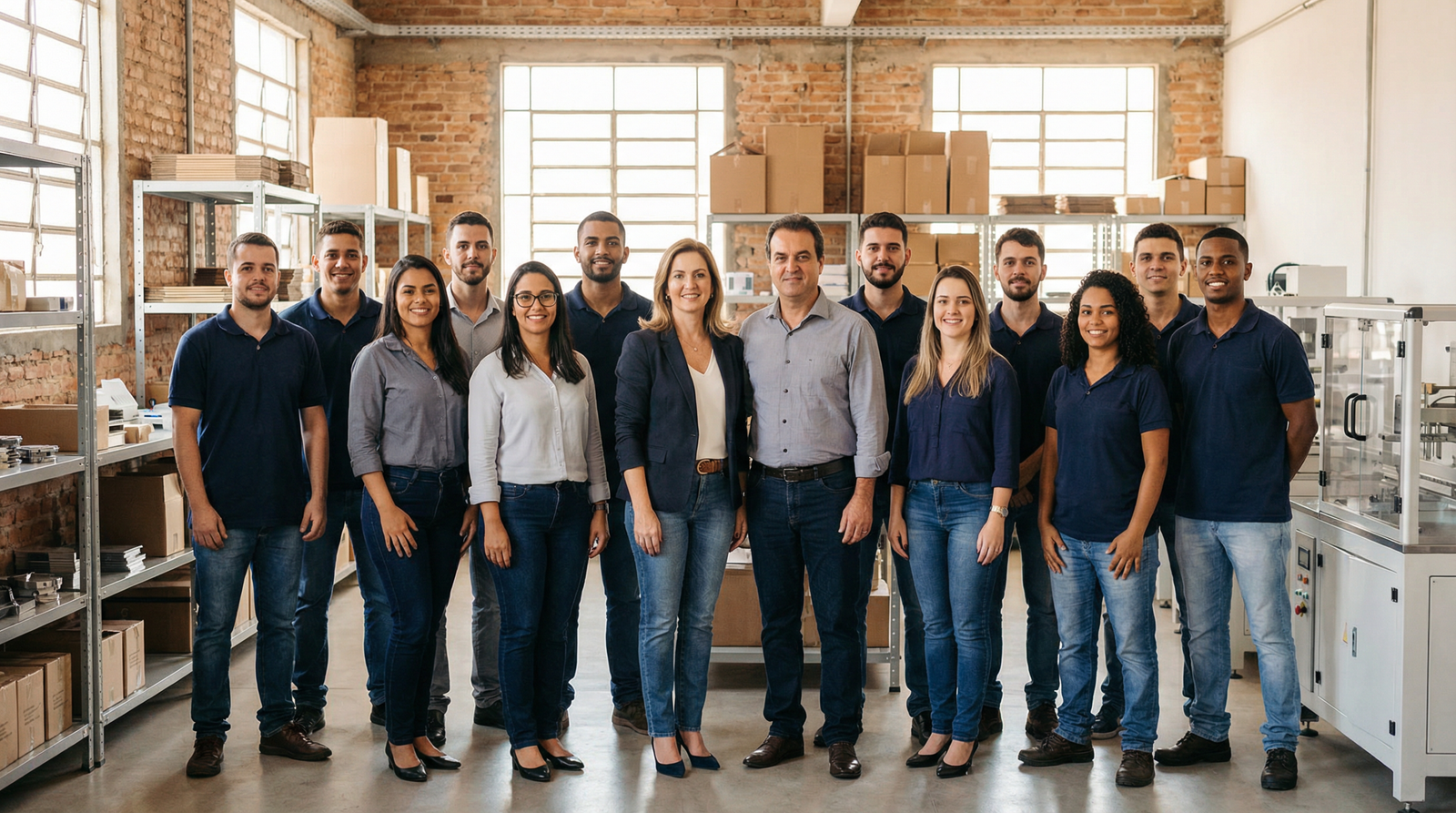 Equipe de PME brasileira reunida com confiança e tranquilidade