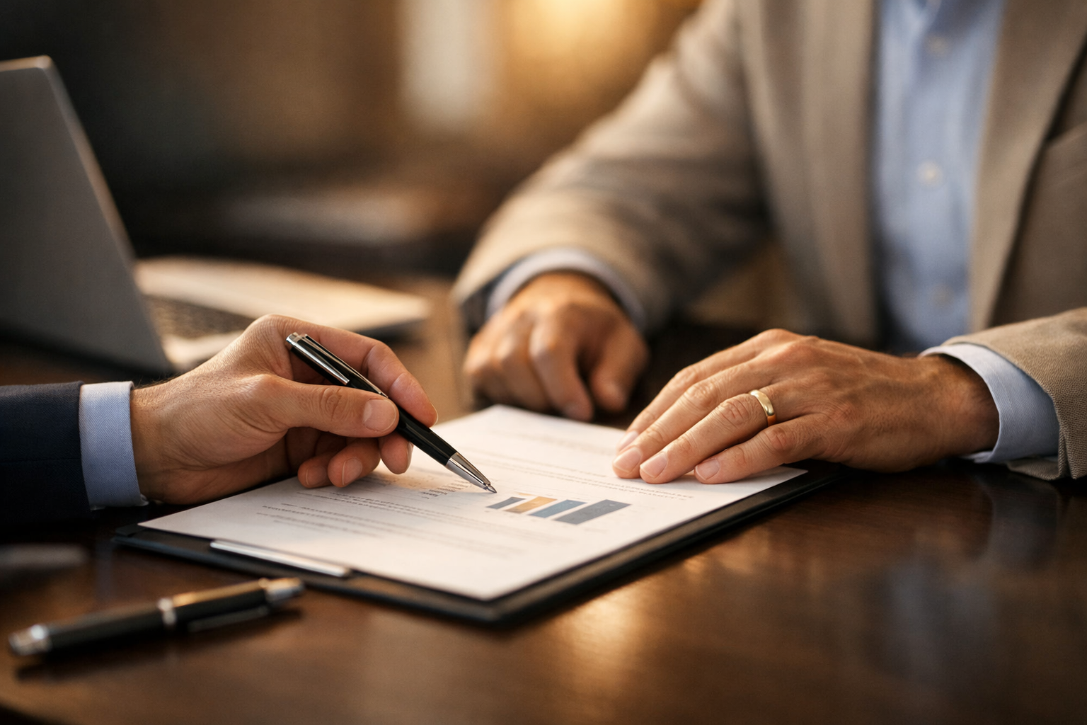 Consultor e empresário analisando contrato
