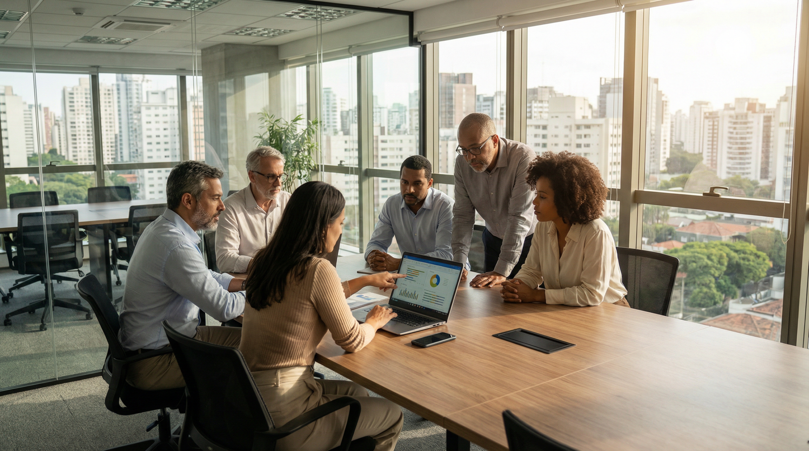 Reunião de RH com líderes analisando plano de saúde PME em escritório em São Paulo