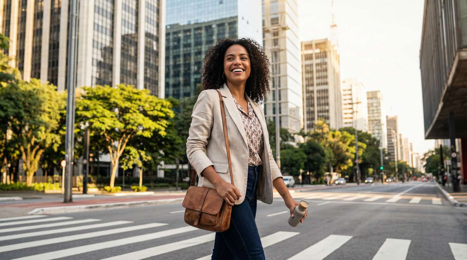 Colaboradora sorrindo em ambiente urbano de São Paulo após consulta médica
