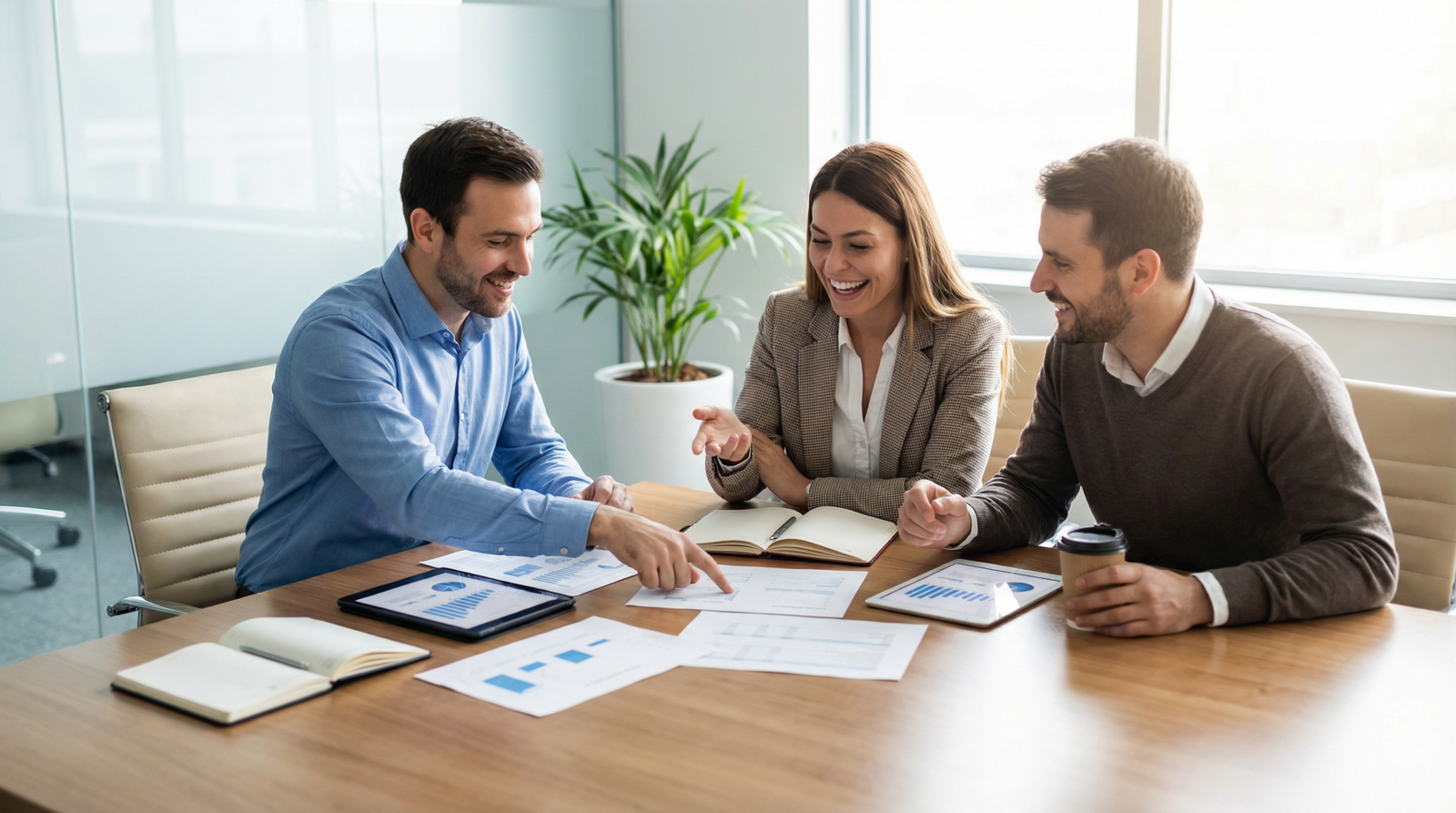 Reunião entre sócios e consultor sobre seguro de vida empresarial