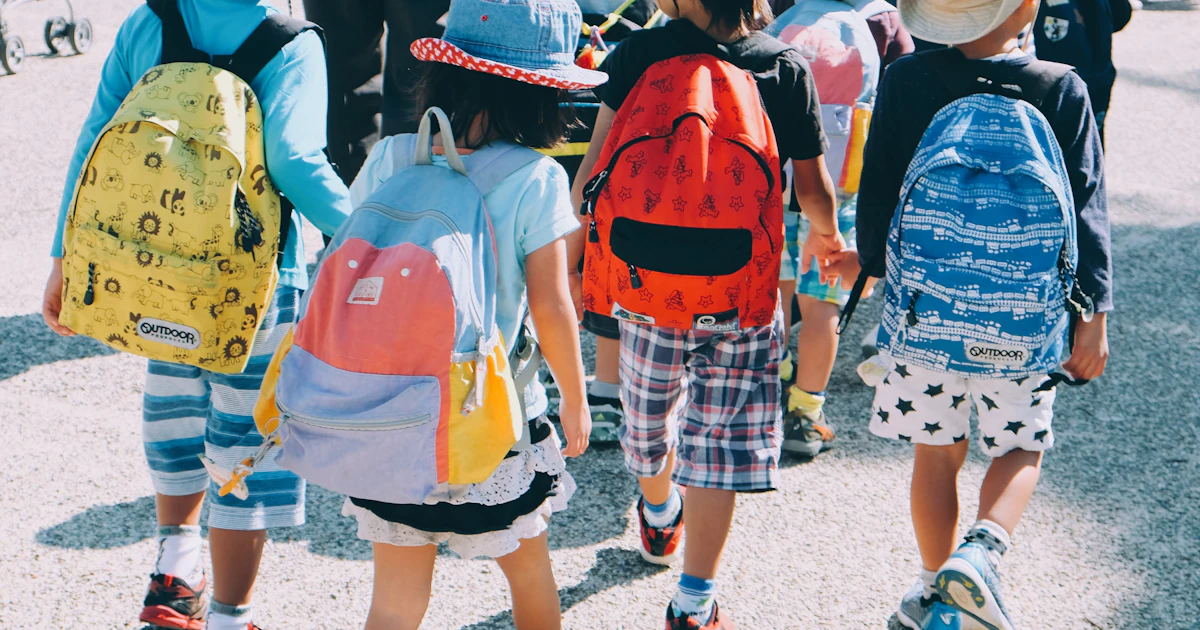 Seguro escolar: crianças com mochilas a caminho da escola, vistas de costas